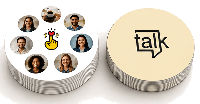 Two PairPops matching game discs stacked side by side: the left disc personalized with team photos, the right disc showing the branded reverse side where a company logo appears