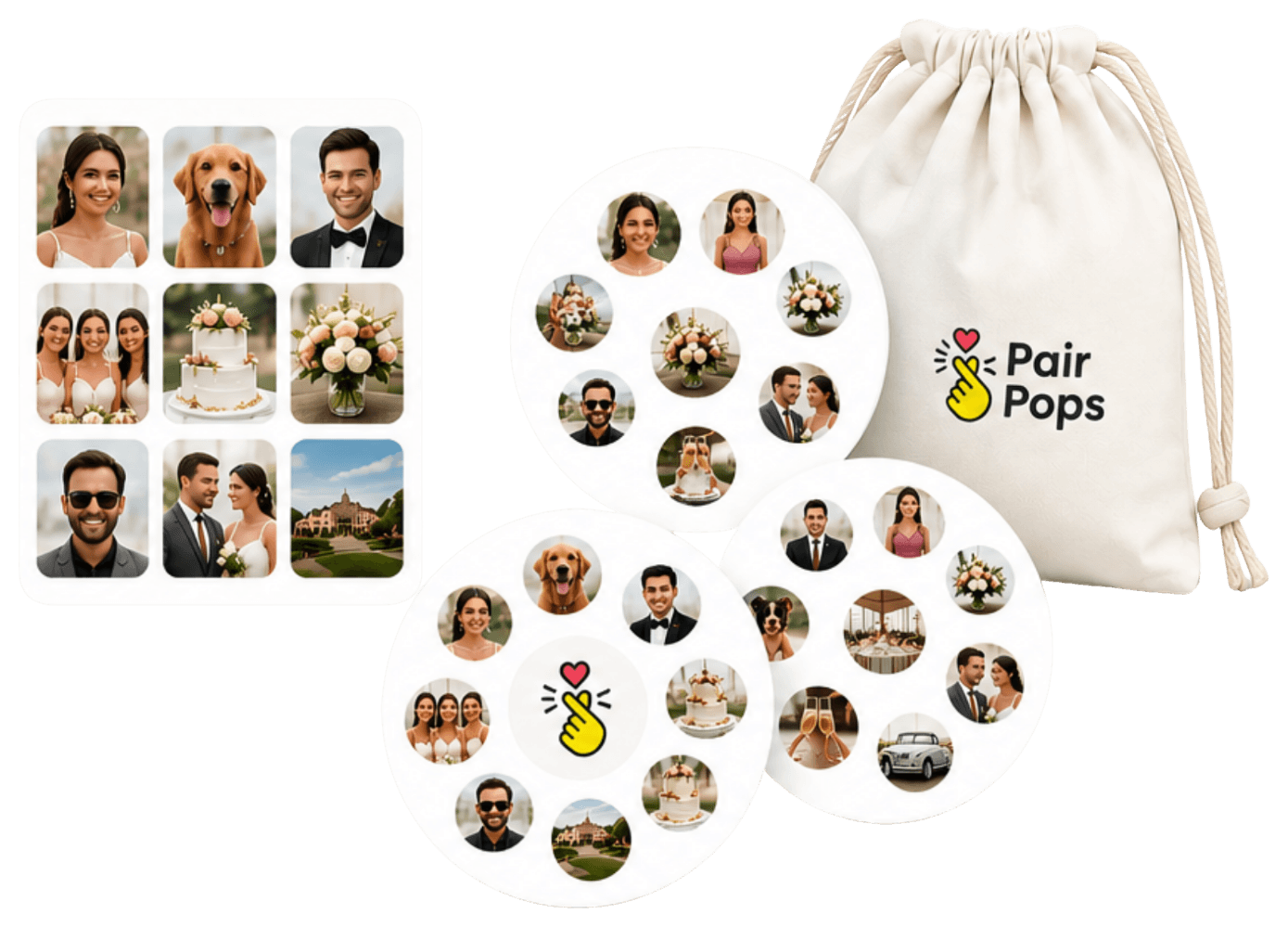 Personal photos transformed into a custom PairPops matching game — cards and drawstring bag