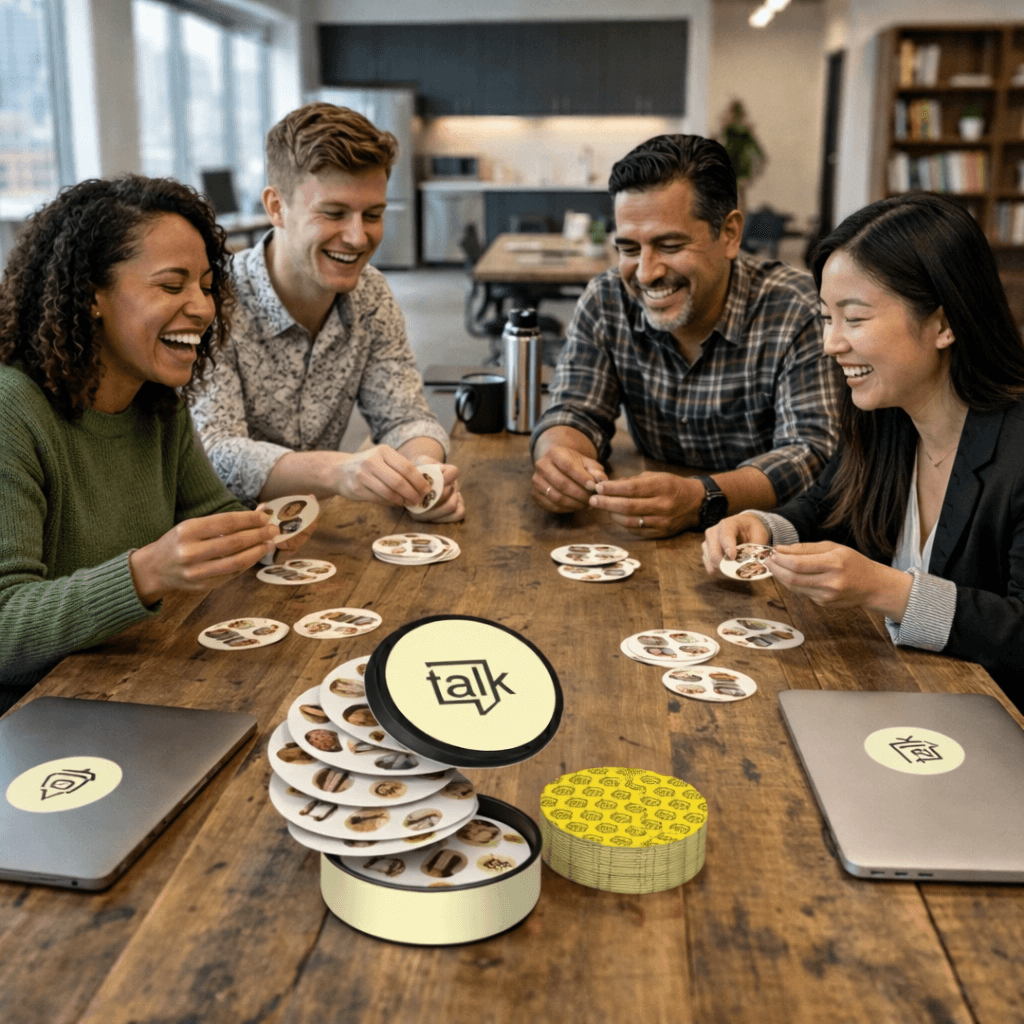 People playing PairPops around a table at a company event