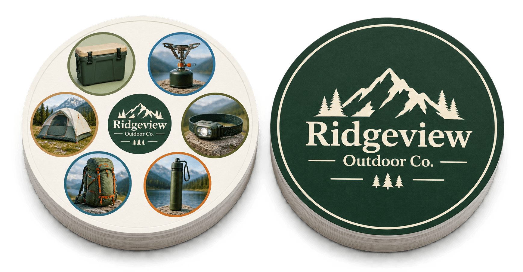 Digital mockup of two PairPops cards for a fictional outdoor brand: one card printed with product photos, the other an illustrative printed card back with the brand logo