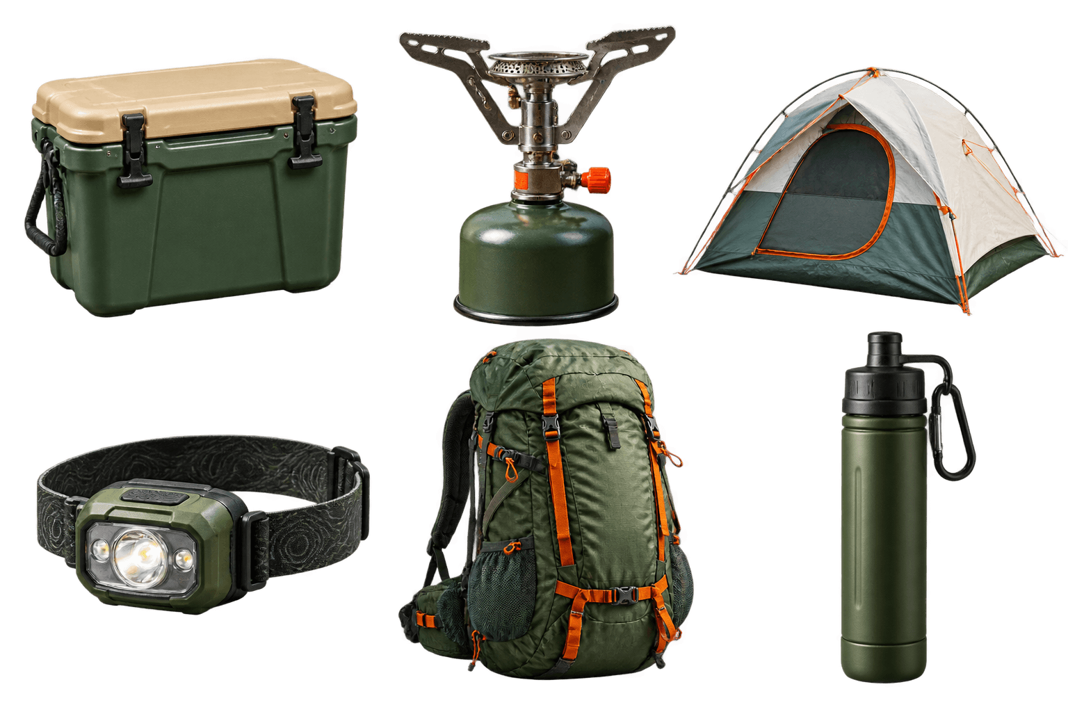 Six individual product photos for the fictional brand Ridgeview Outdoor Co.: a cooler, camp stove, tent, headlamp, backpack and water filter