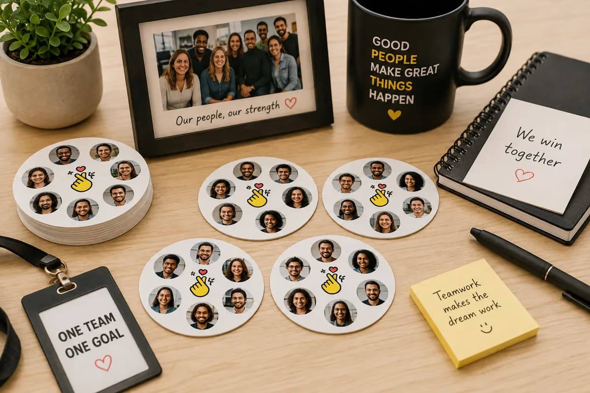 A desk flat lay with a framed team photo reading "Our people, our strength," a "Good People Make Great Things Happen" mug, a "One Team One Goal" badge, and five PairPops matching discs of team photos