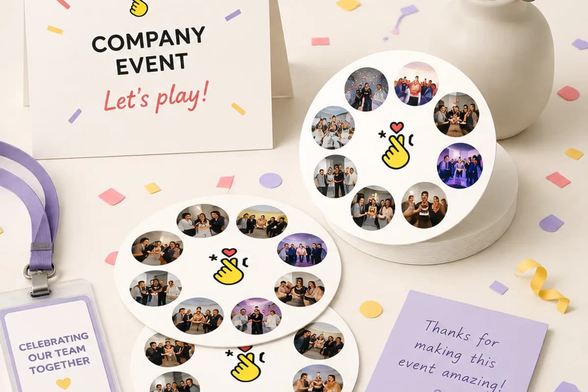 A "Company Event, Let's Play!" card, an event lanyard, and PairPops matching discs featuring photos from company celebrations, surrounded by confetti