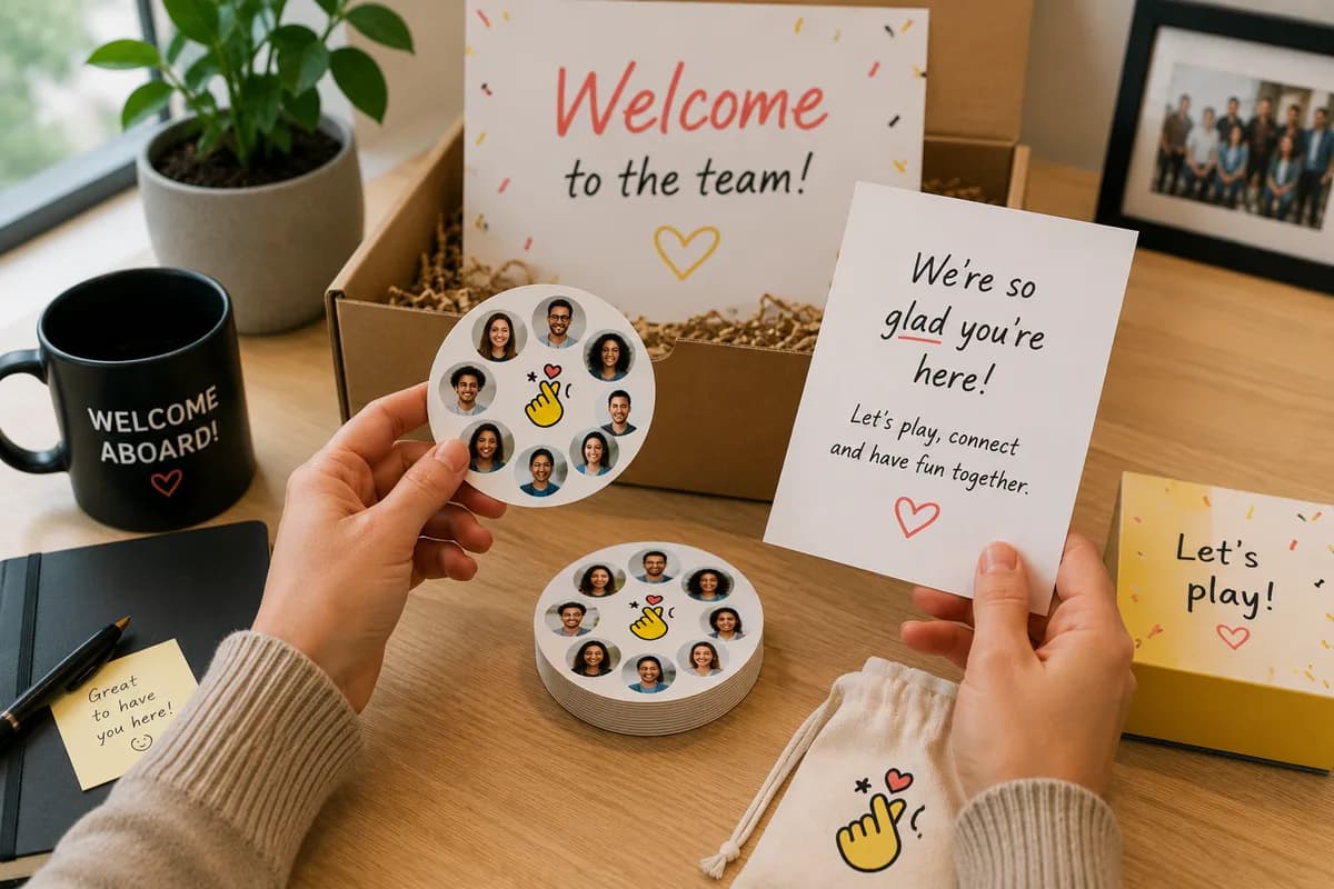 Hands holding a PairPops matching disc of new team photos next to a "Welcome to the team!" card and a "Welcome Aboard!" mug, with the open gift box and "Let's play!" packaging on the desk